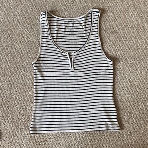 American Eagle Soft & Sexy Ribbed Henley Tank Top - Black/Cream Stripe